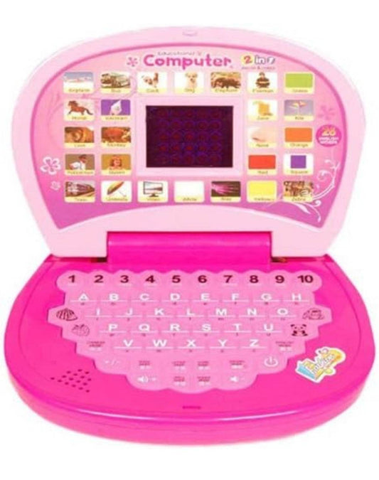 Pink learning laptop toy for kids with interactive buttons and fun sounds