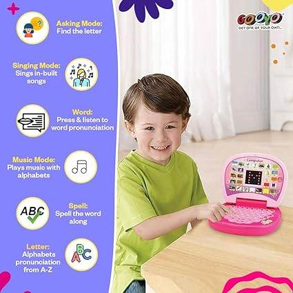 Pink interactive learning laptop for kids with singing features that promote learning with laptop
