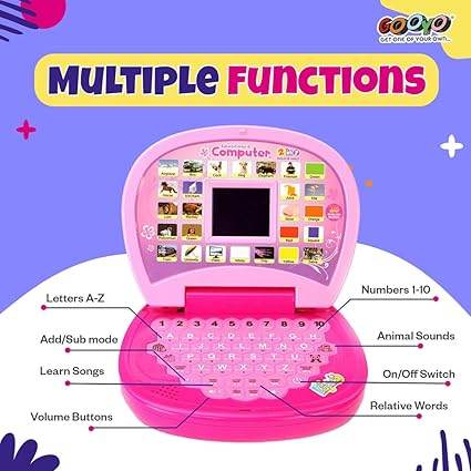 Pink learning laptop toy with interactive functions for kids aged 3-7, promoting learning with laptop