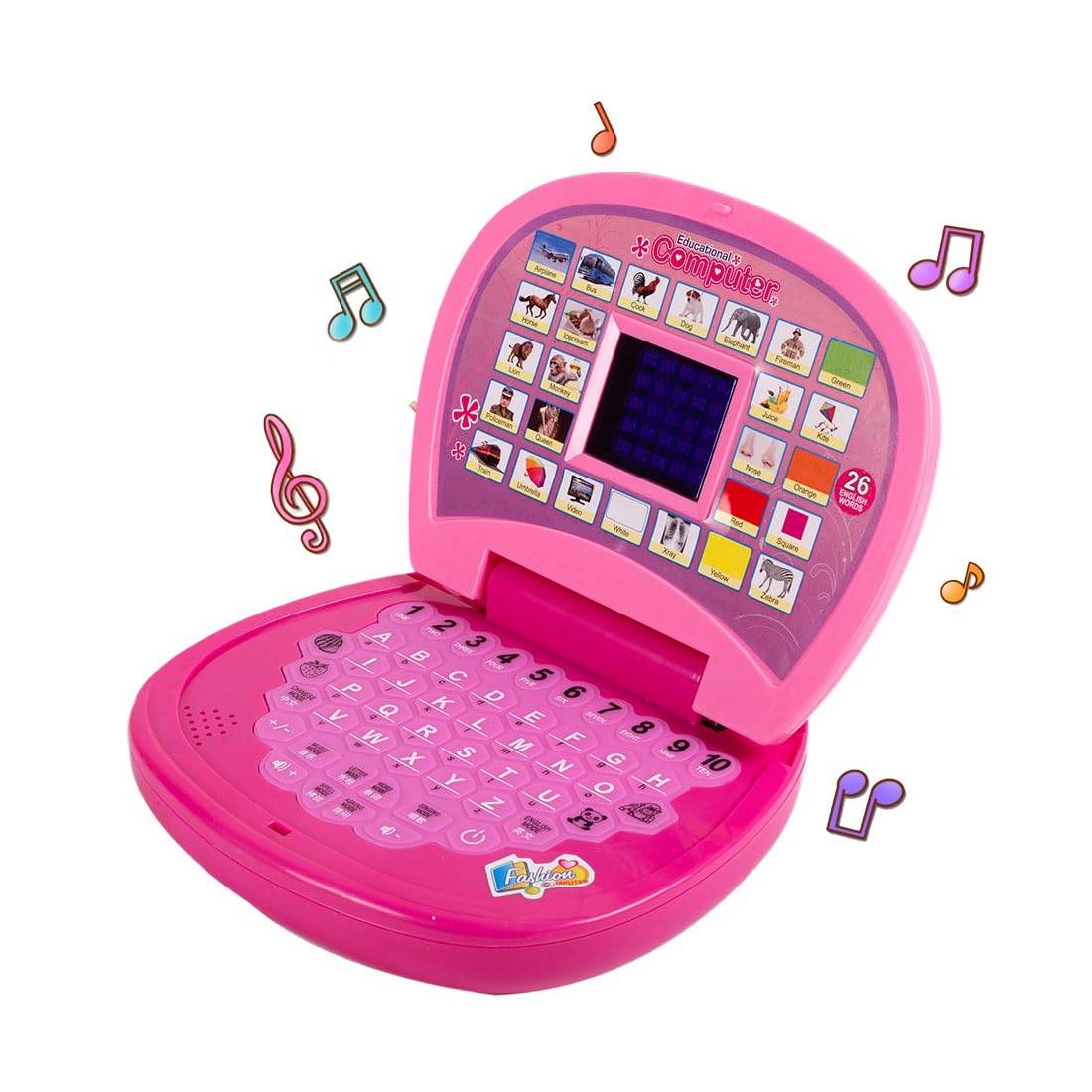 Pink learning laptop toy for kids featuring educational games and music for ages 3-6