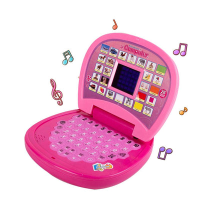 Pink learning laptop toy for kids featuring educational games and music for ages 3-6