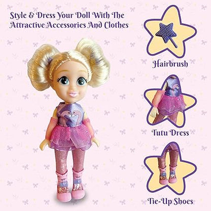 Preschool ballerina doll for girls with blonde hair, tutu dress, hairbrush, and tie-up shoes