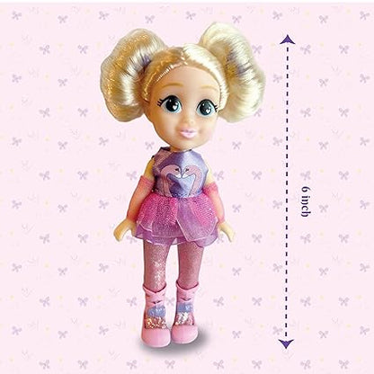 Preschool ballerina doll for girls with blonde hair in silver and pink tutu outfit standing 6 inches tall
