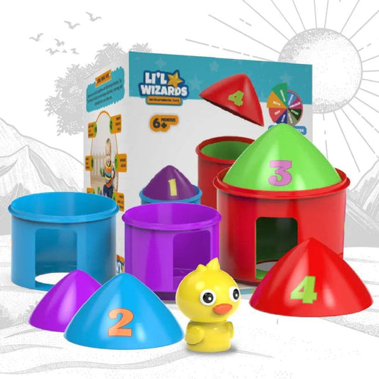 Interactive bird house toy for toddlers with colorful numbered parts and a yellow bird figure