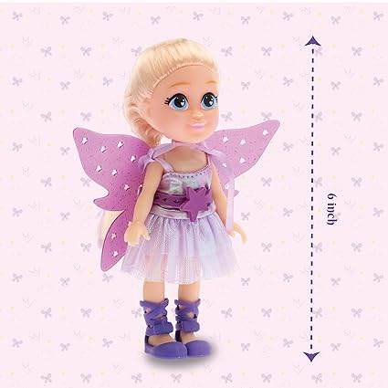 6 inch fairy doll for girls age 3 with blonde hair and purple wings in a pink dress
