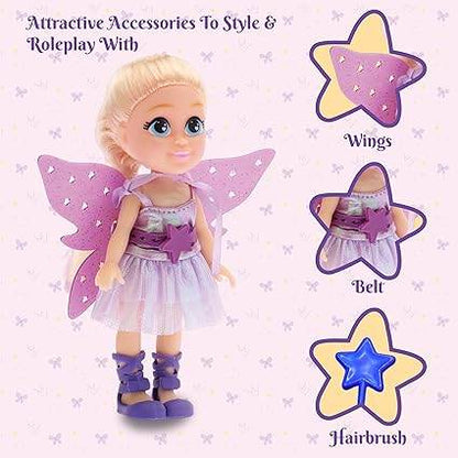 Fairy doll for girls age 3 with purple wings, star belt, and matching hairbrush accessories