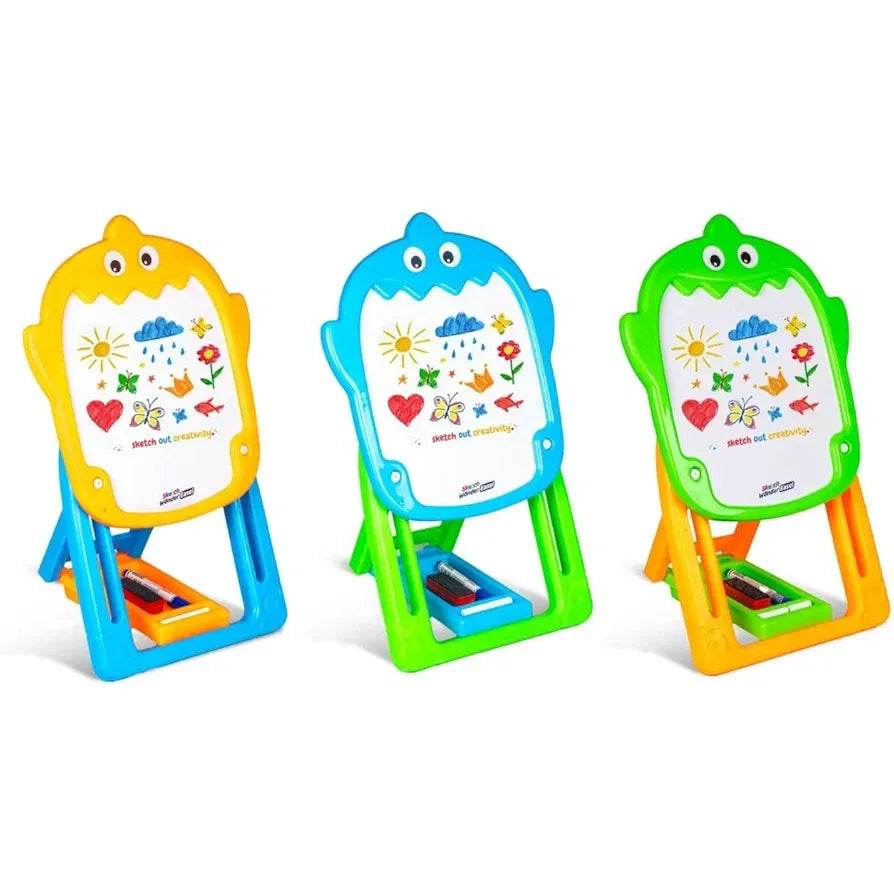 Colorful double sided easel for kids with whiteboard and tray for markers and eraser