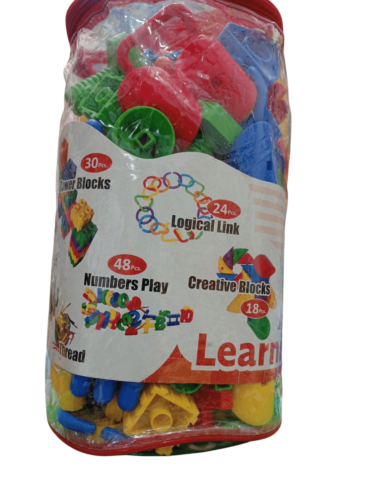 Colorful educational building blocks for kids in a transparent jar with various shapes and learning themes