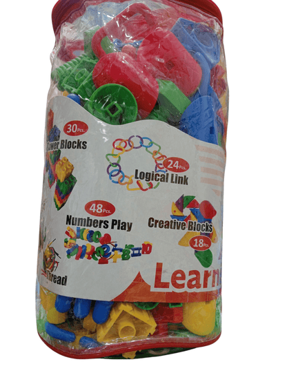 Colorful educational building blocks for kids in a transparent jar with various shapes and learning themes