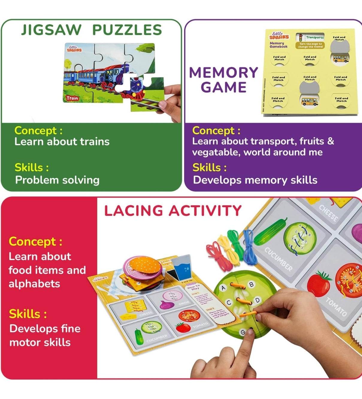 Preschool activity kit 3-6 years with jigsaw puzzles, memory game, and lacing activity for skill development