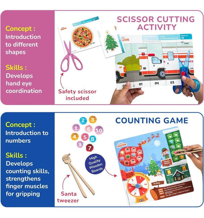Preschool activity kit 3-6 years with scissor cutting and counting game to develop hand eye coordination and counting skills