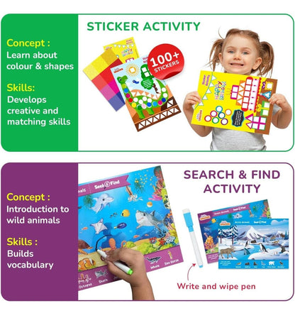 Preschool activity kit 3-6 years includes sticker activity for colors and shapes and search and find activity with write and wipe pen