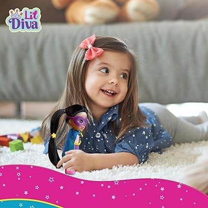 Little girl playing with a superhero role play doll for girls with a purple mask and costume