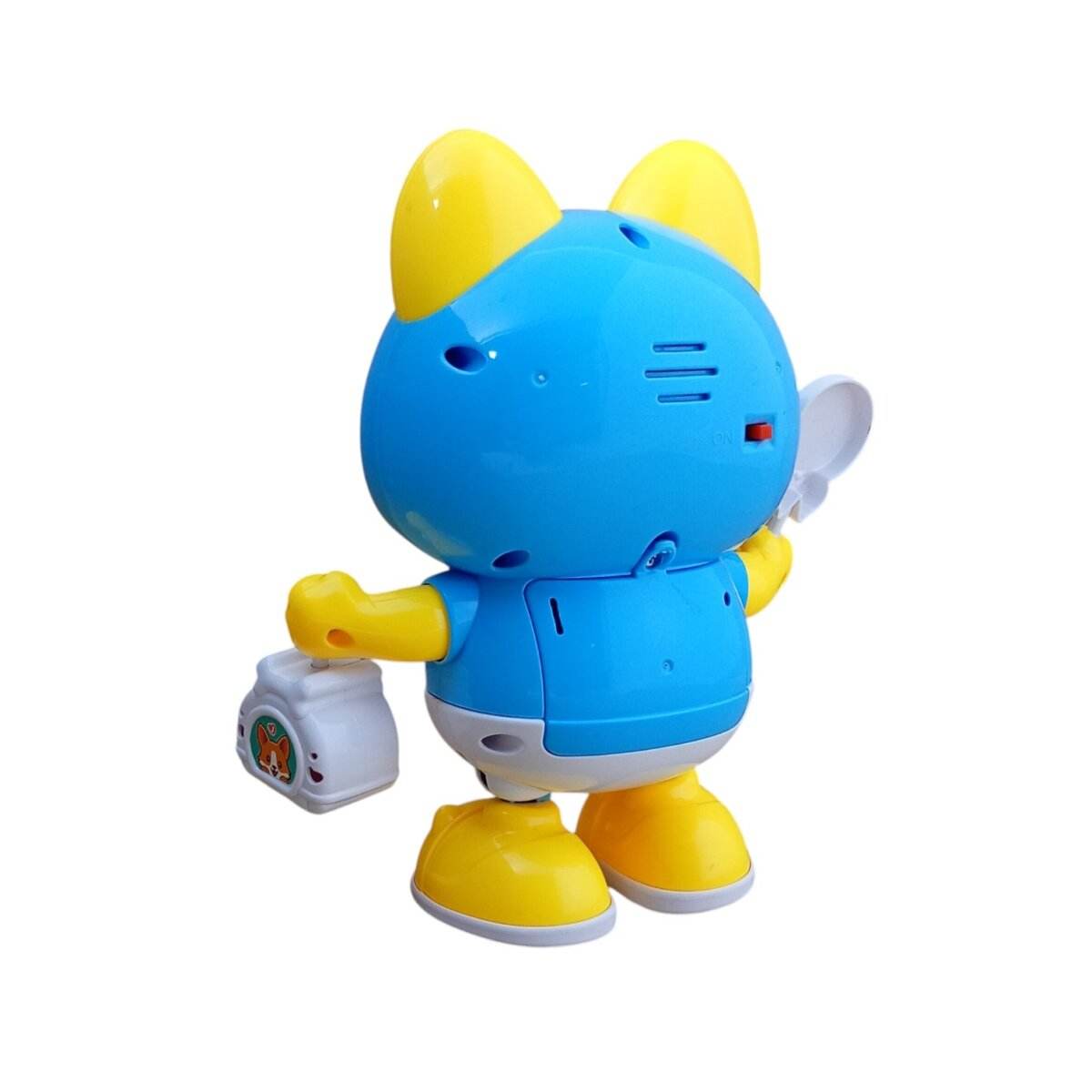 T-REX battery operated dancing dog toy in blue and yellow holding a white bag and spoon