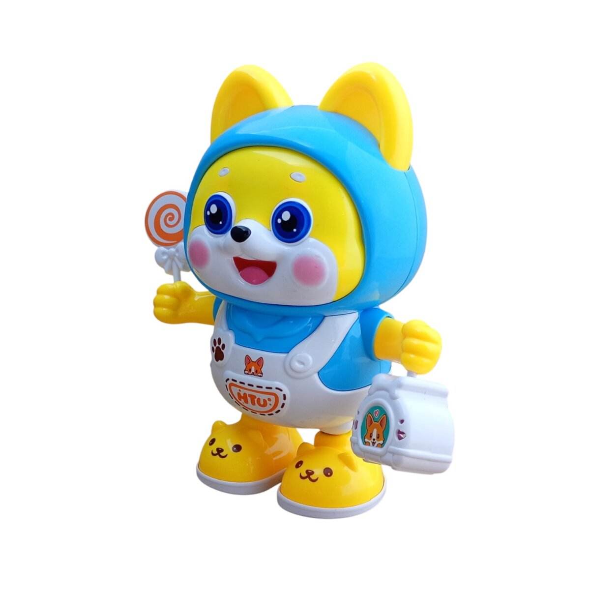 T-REX battery operated dancing dog toy in blue and yellow holding a lollipop and bag