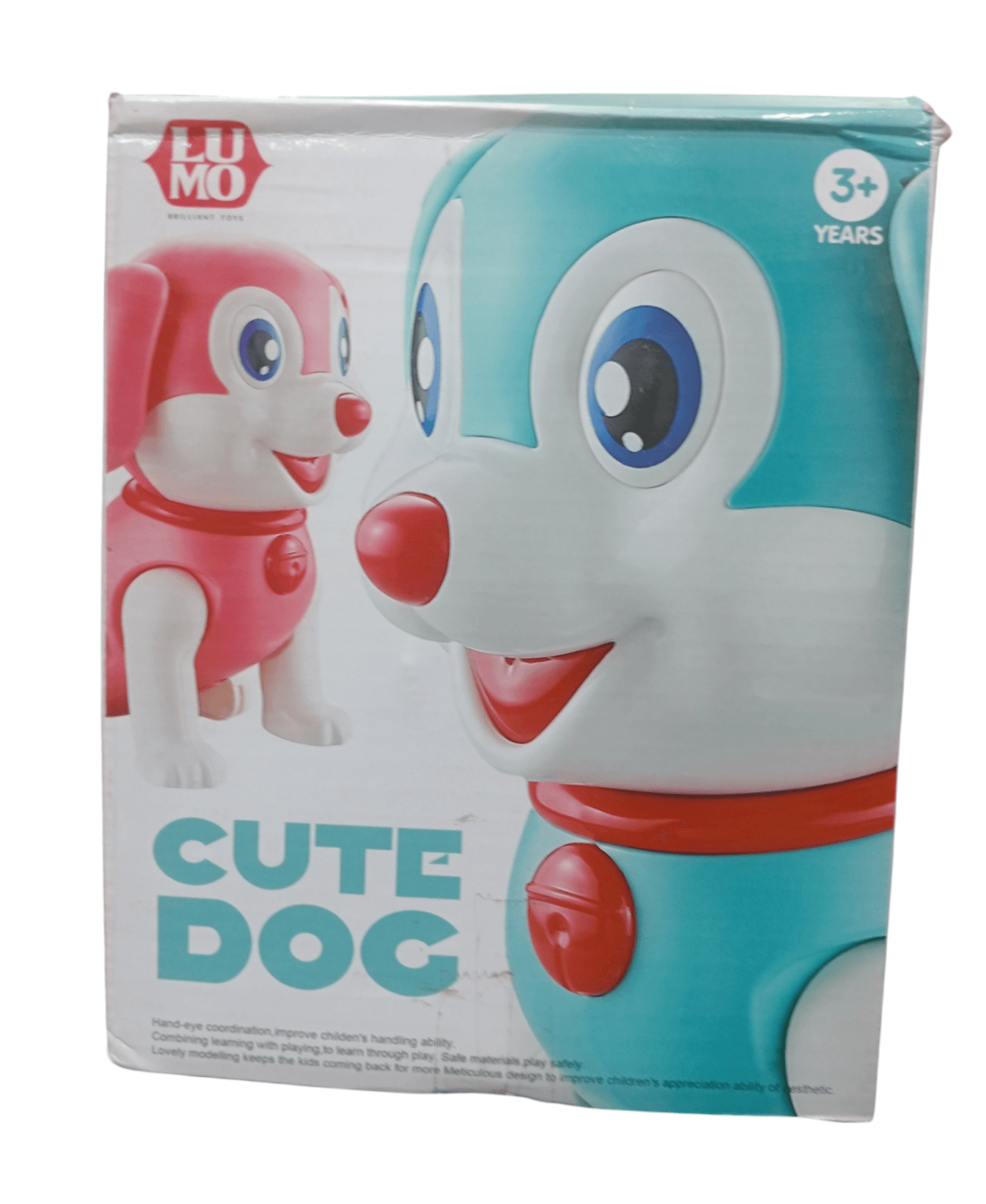 Lumo musical battery operated dog toy for children ages 3 and up in blue and red colors