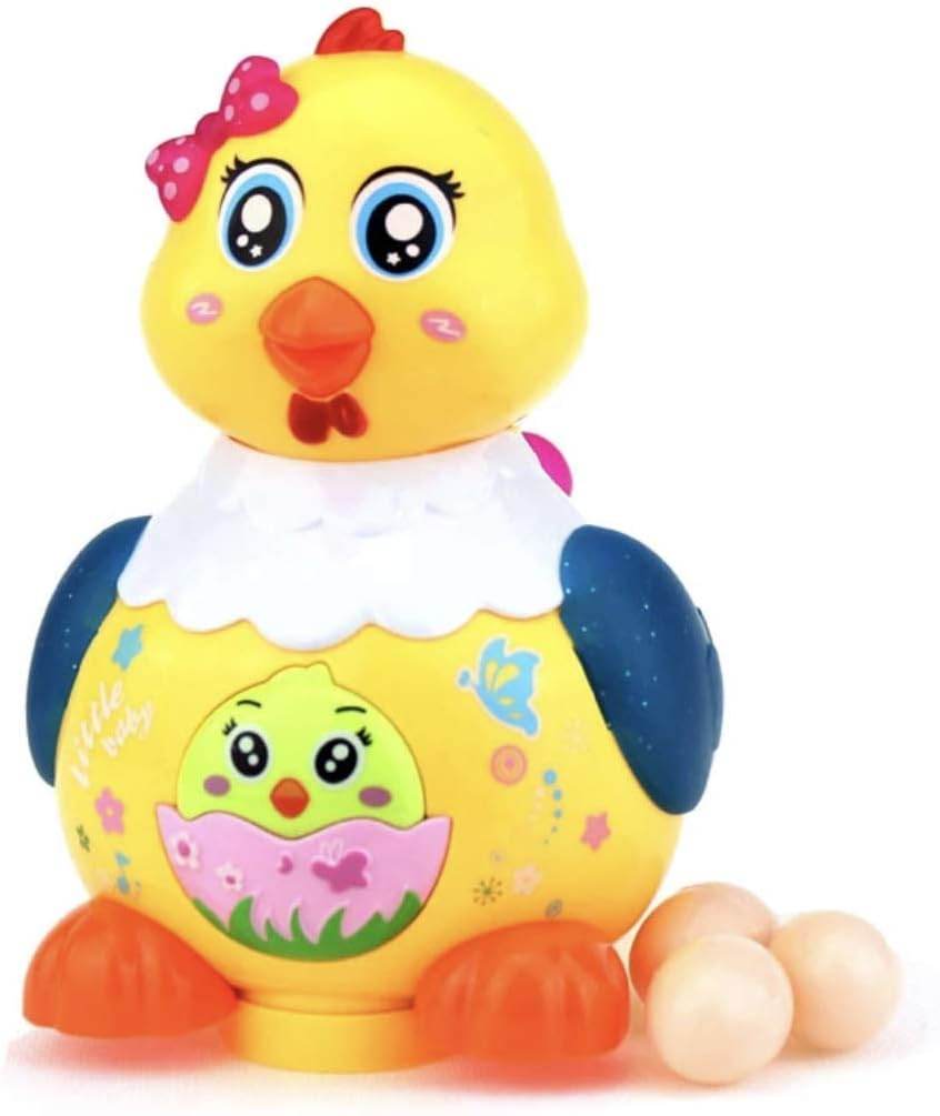 LUMO battery operated hen toy for kids in yellow with blue wings and three eggs