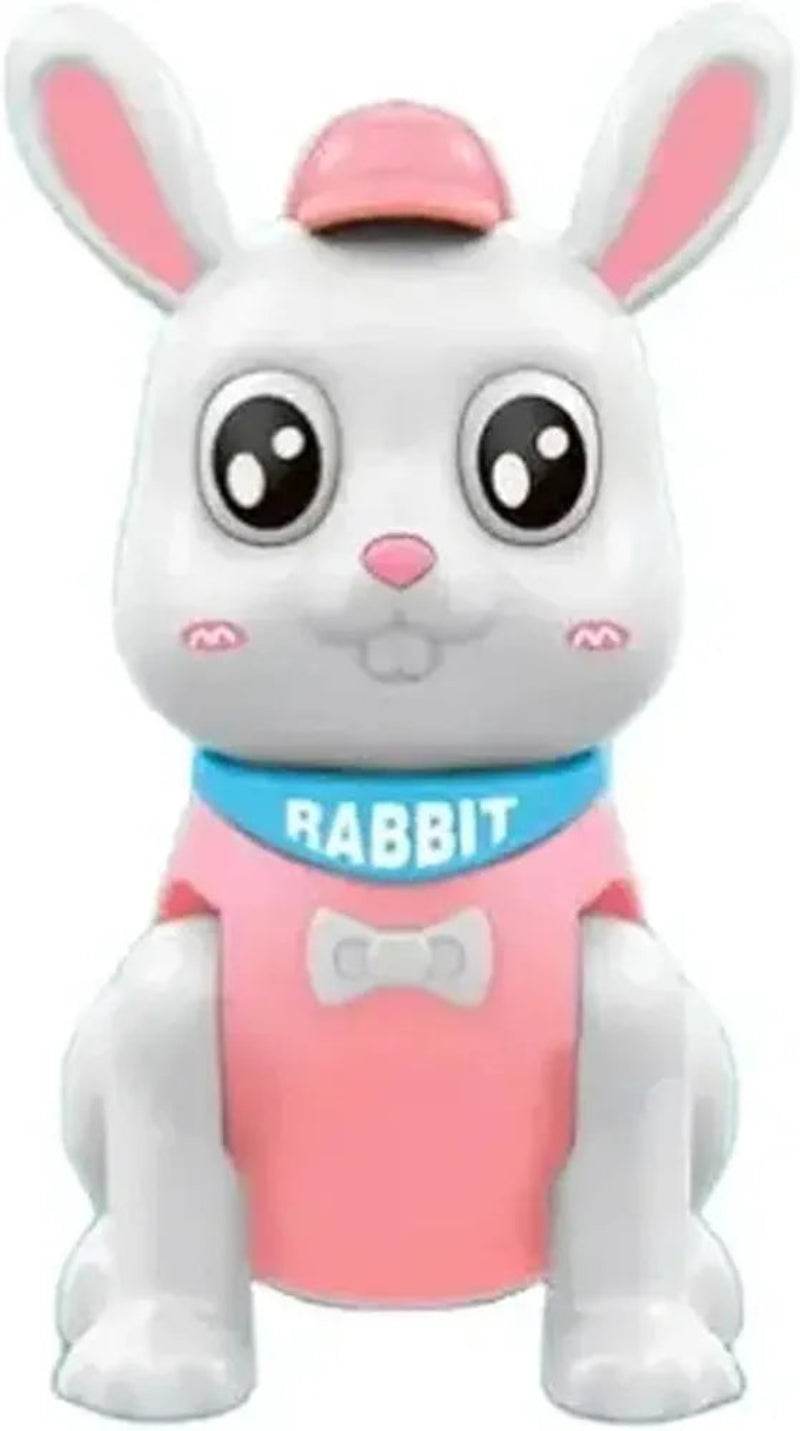 T-Rex battery operated rabbit toy for kids in pink and white with a cap and collar labeled rabbit