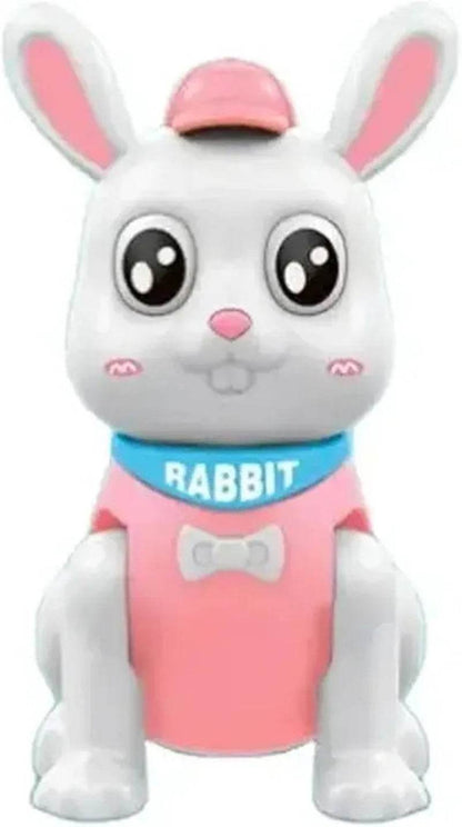 T-Rex battery operated rabbit toy for kids in pink and white with a cap and collar labeled rabbit