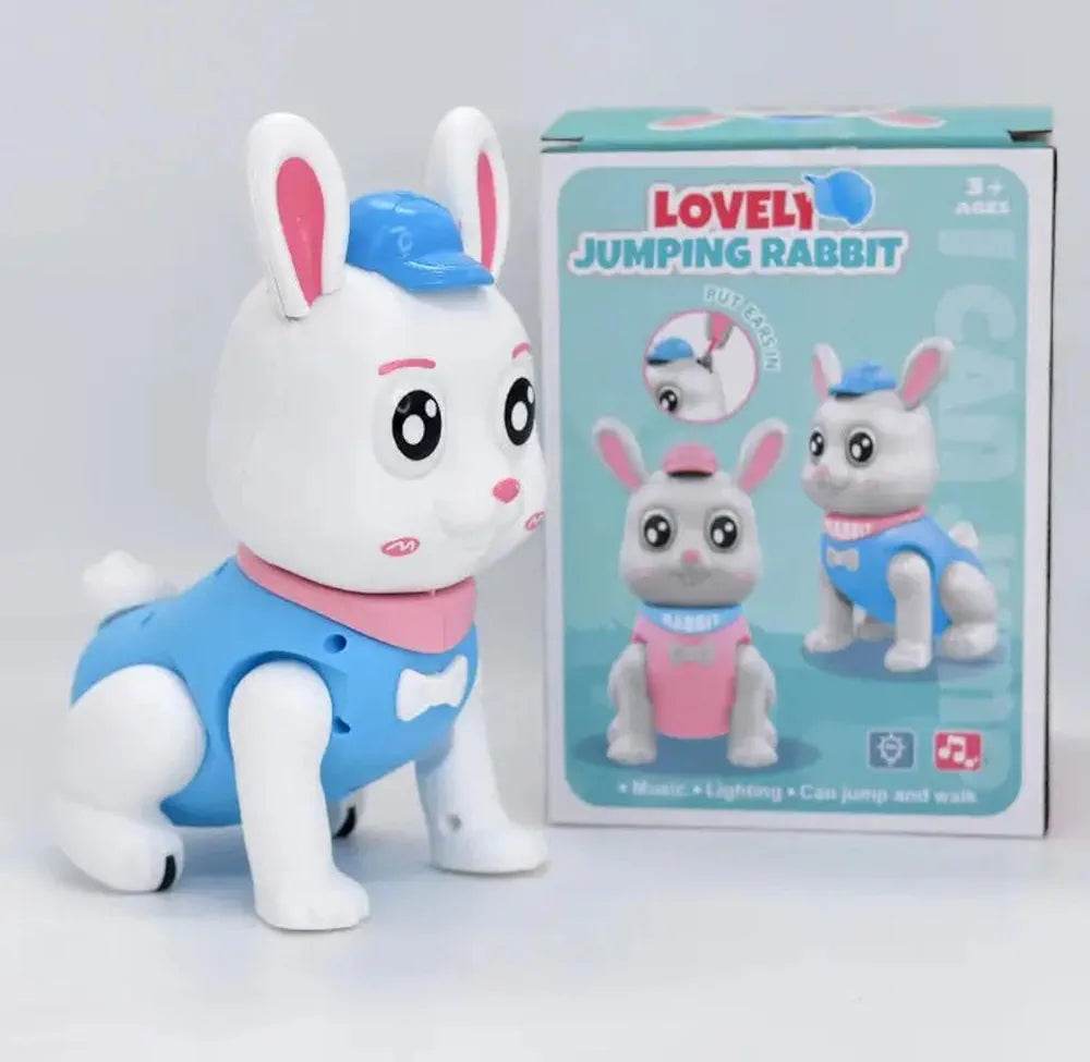 T-Rex battery operated rabbit toy for kids in blue outfit with musical and jumping features