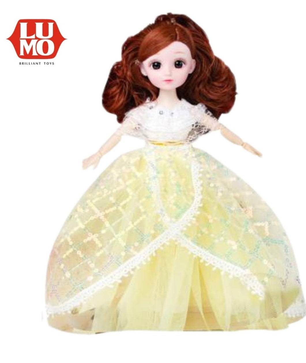 Yellow princess doll with brown hair and lace dress, great for children who love beauty products Korean