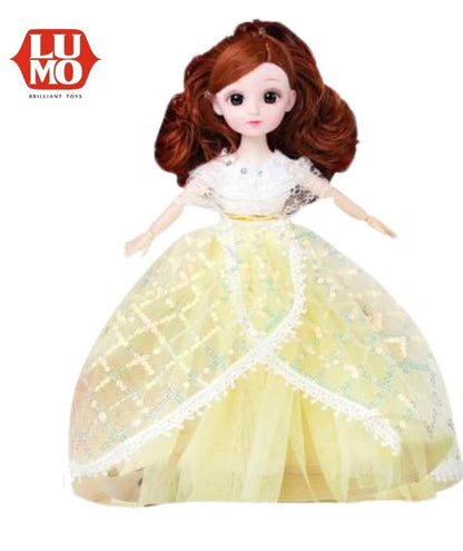 Yellow princess doll with brown hair and lace dress, great for children who love beauty products Korean