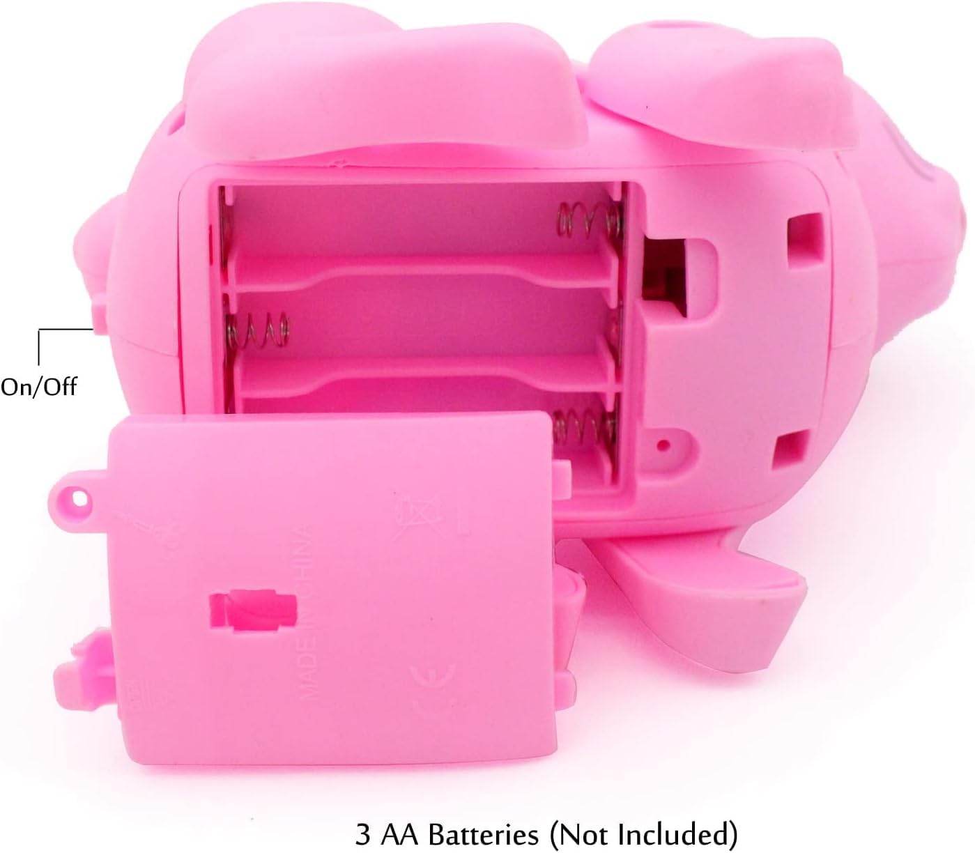 LUMO pink dancing rabbit toy for kids showing open battery compartment for 3 AA batteries