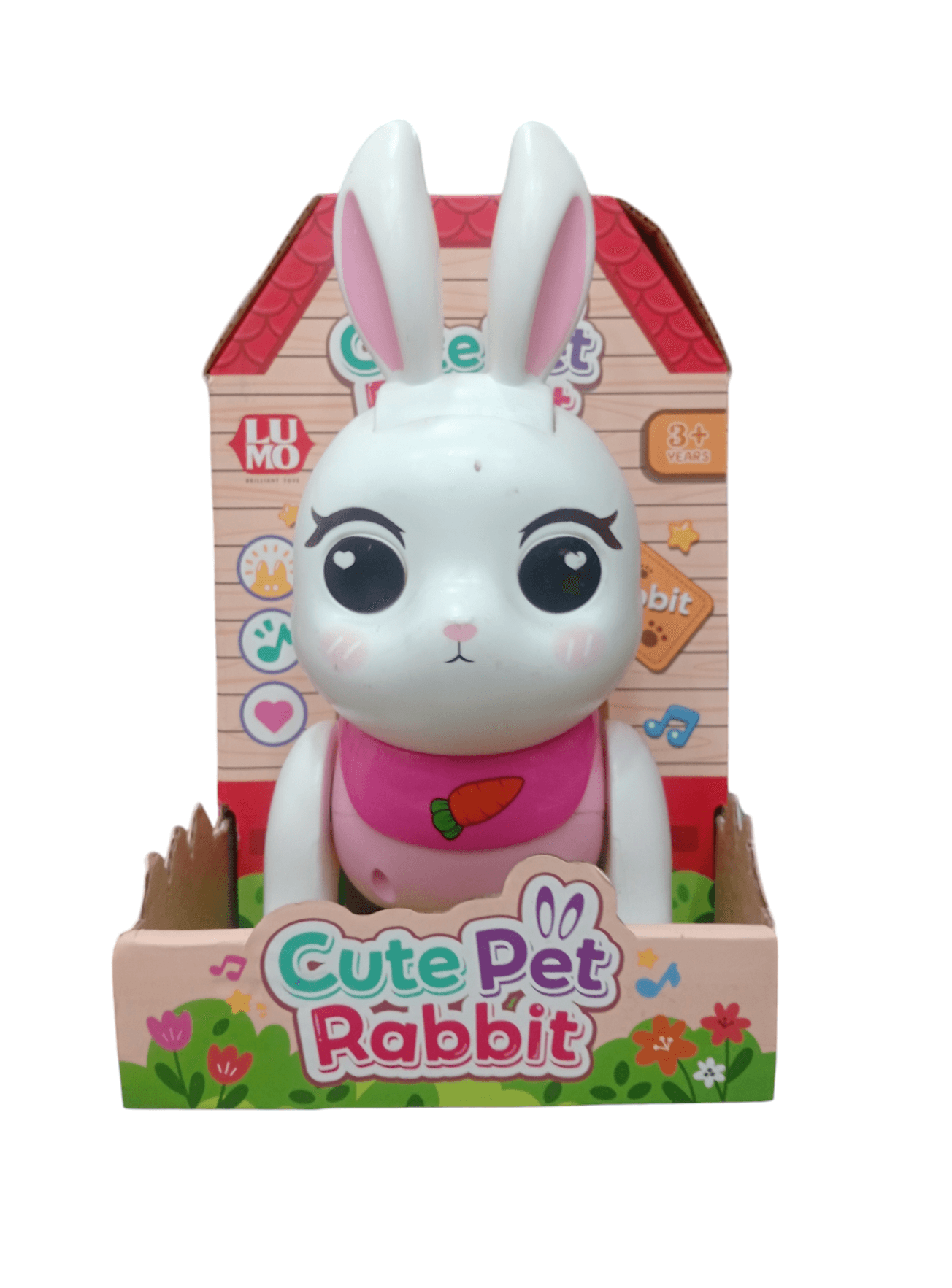 LUMO musical dancing rabbit toy for kids in pink with carrot accessory in colorful packaging
