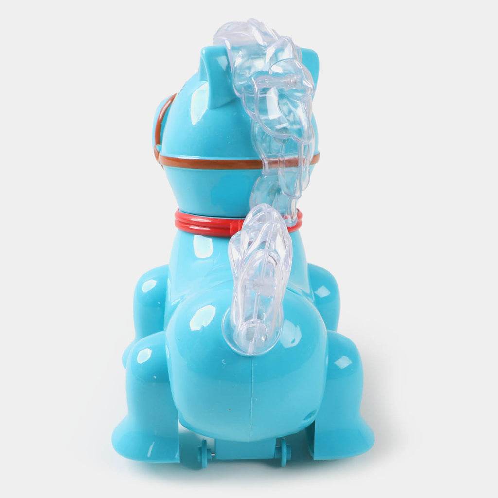 T-REX interactive musical horse toy in blue with clear mane and red collar detail