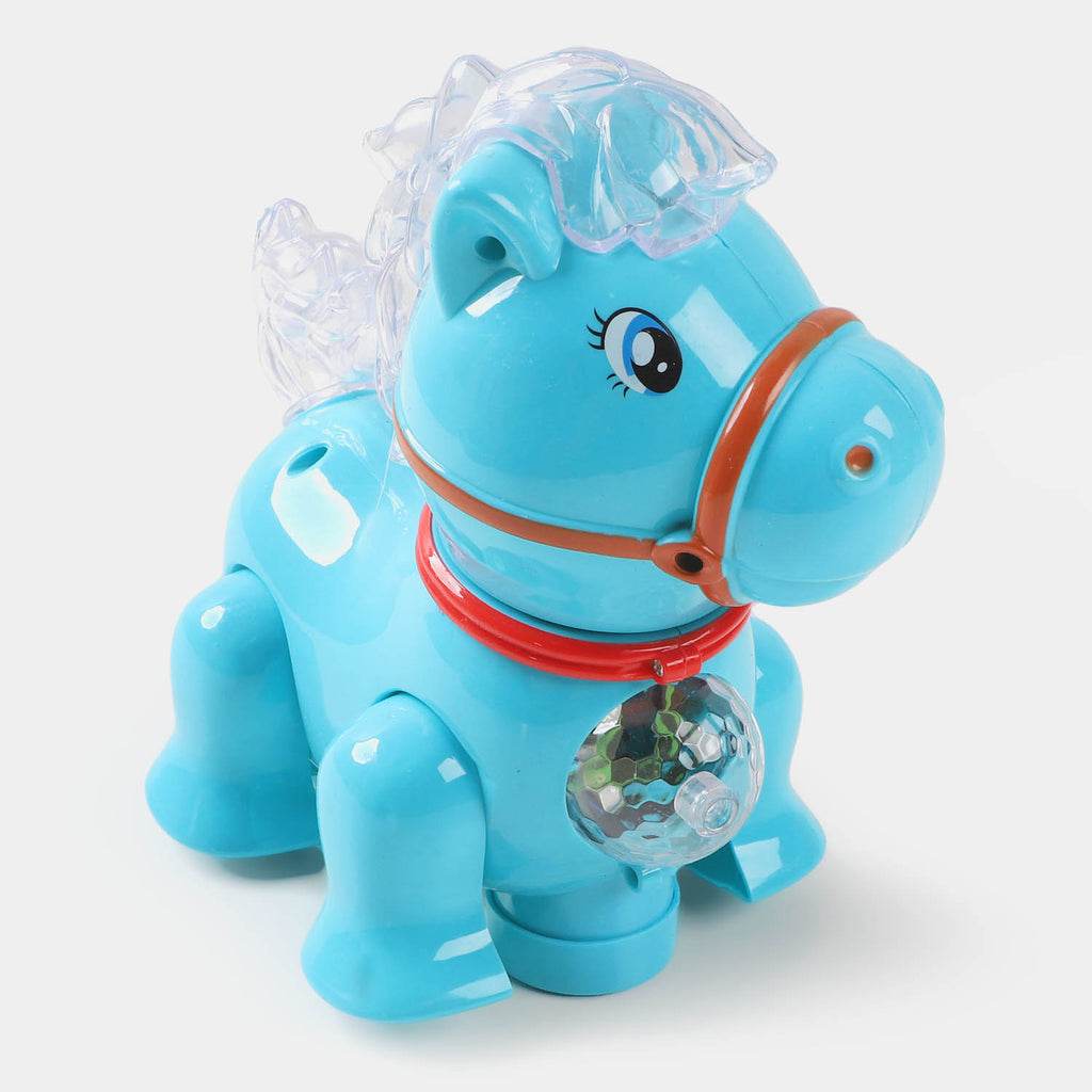 T-REX blue interactive musical horse toy with clear mane and red collar for kids