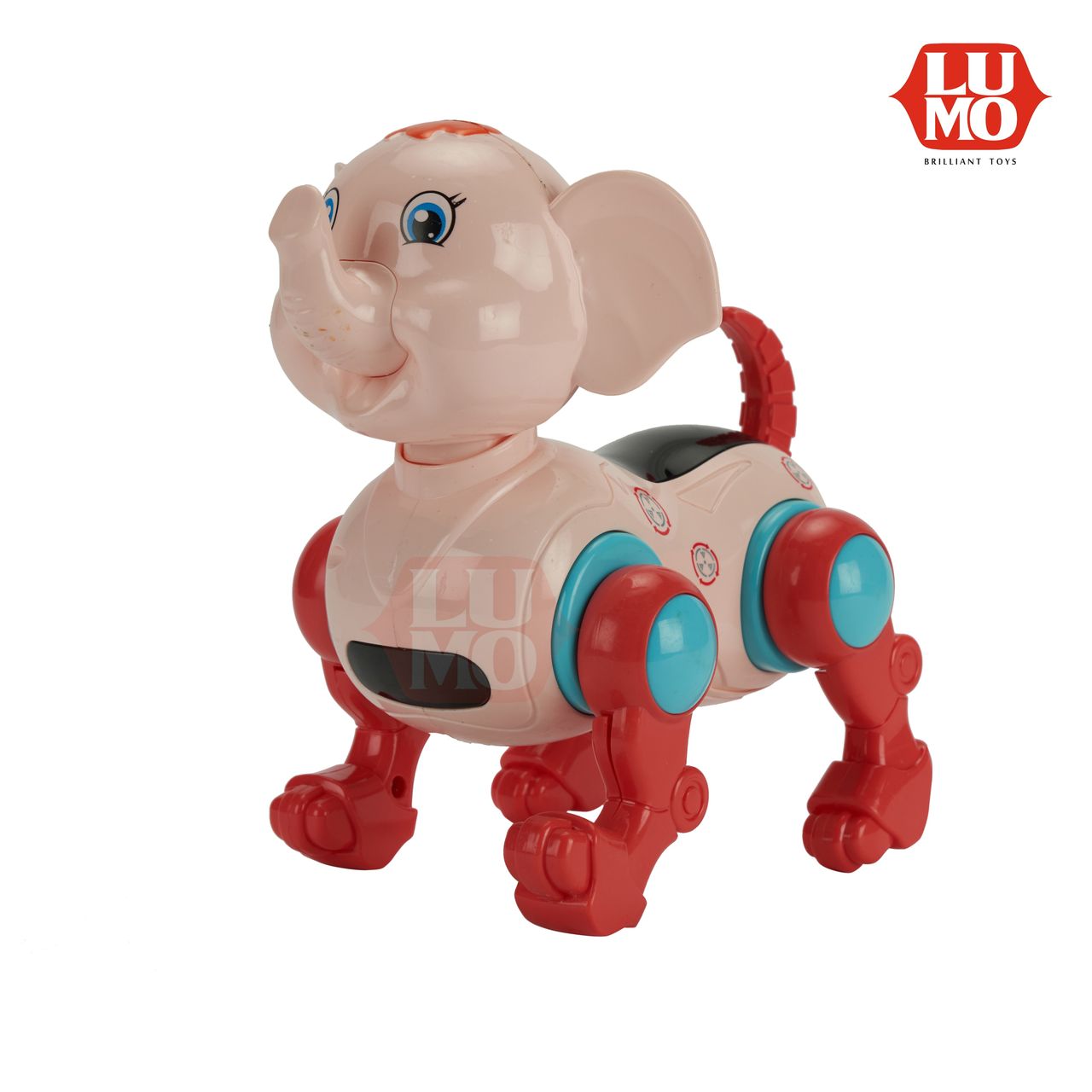 Lumo Machine Elephant toy with pink and red body, blue accents, and animated facial features