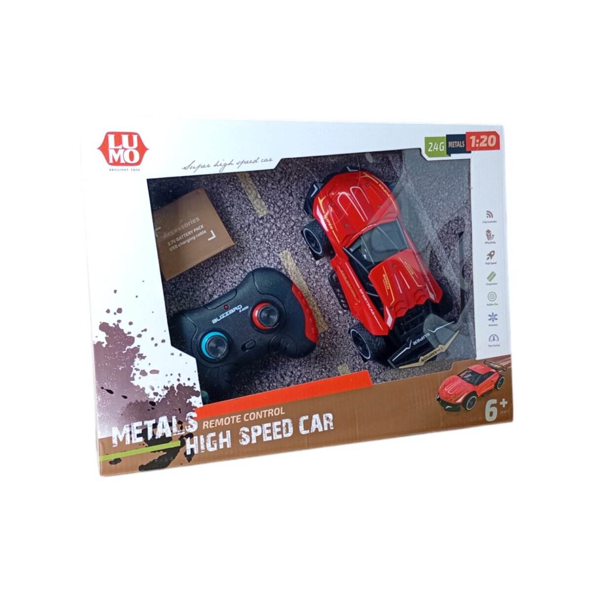 LUMO red metal remote control car with black controller in white and brown packaging for ages 6 and up
