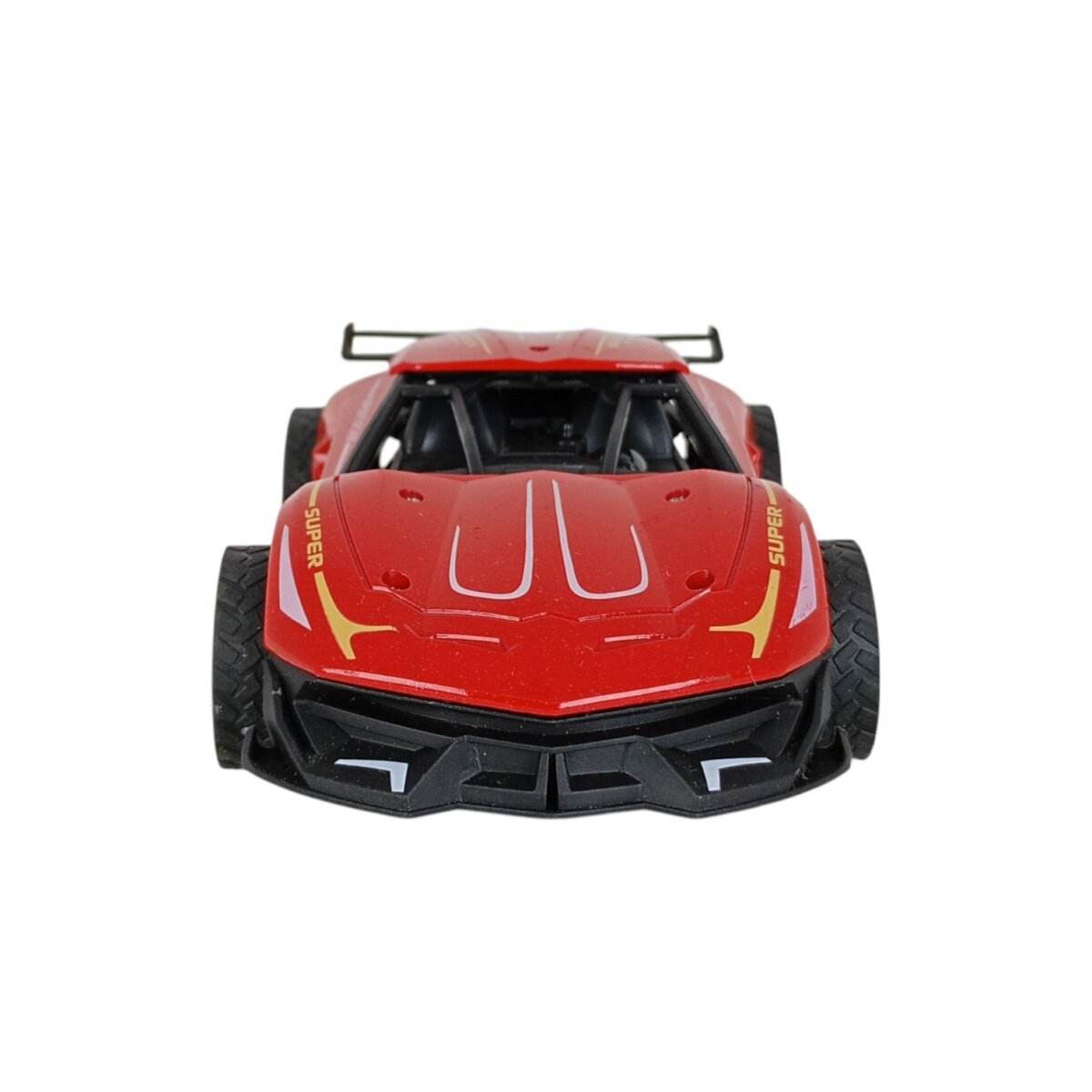LUMO red metal remote control car with racing design and black accents viewed from the front