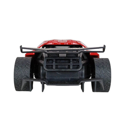 Rear view of LUMO metal remote control car with large tires and red body detailing