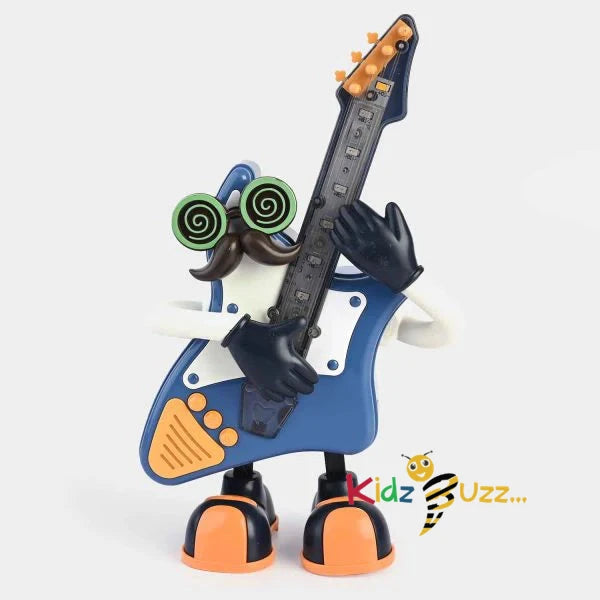 LUMO Mr. Rock interactive toy by T-Rex the Toyland playing a blue guitar with spiral green glasses