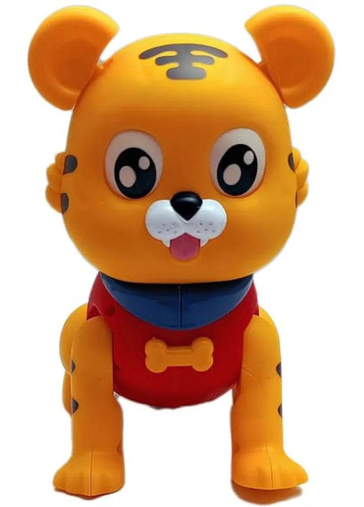 Lumo musical jumping tiger toy in orange and red with large eyes and playful expression
