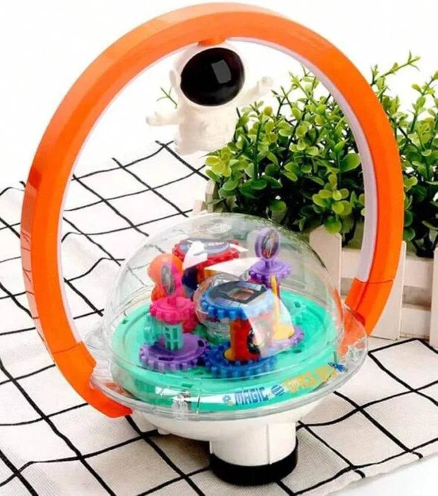 T-Rex the Toyland musical suspended astronaut toy with orange ring and colorful gears inside transparent dome