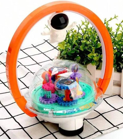 T-Rex the Toyland musical suspended astronaut toy with orange ring and colorful gears inside transparent dome