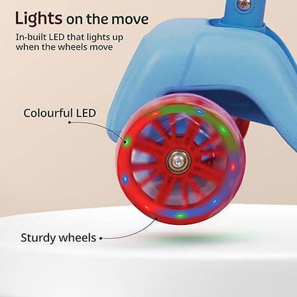 Close-up of colorful LED lights on sturdy wheels of the best outdoor scooter for kids age 3-10