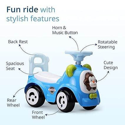 LuvLap Sunny Ride on & Car for Kids with Music & Horn Steering, Push Car for Baby with Backrest, Safety Guard, Under Seat Storage & Big Wheels, Ride on for Kids 1 to 3 Years Upto 25 Kgs (Blue) - T-Rex the toyland Sitamarhi