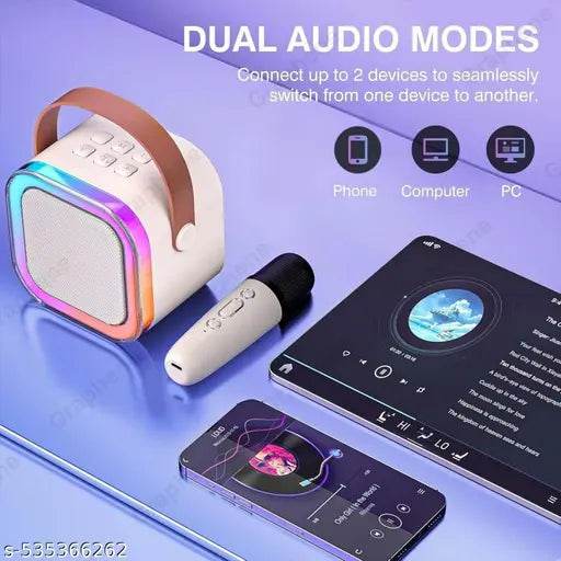 White machine karaoke speaker with multicolored accents and wireless microphone for music lovers