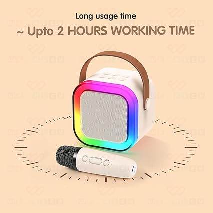 White machine karaoke with colorful lights and handheld microphone for fun singing sessions