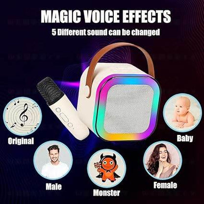 Colorful karaoke machine with microphone for kids featuring five voice effects