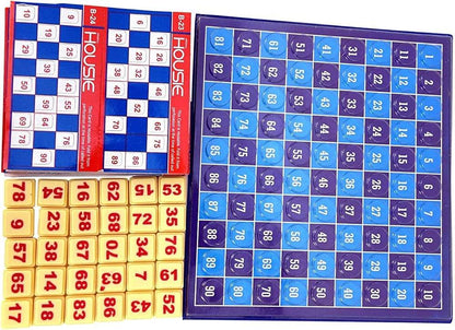 Prem Ratna magnetic housie board game with numbered blue and purple board and yellow number tiles