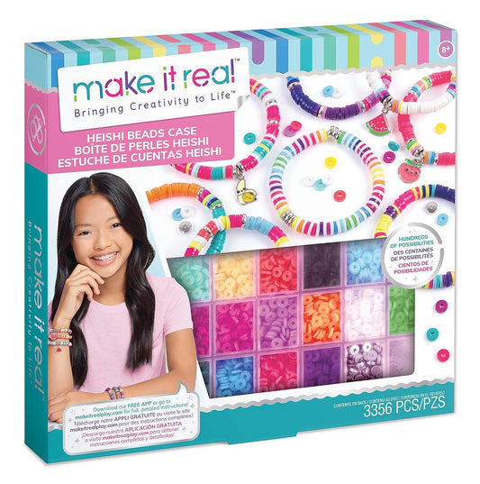 Heishi bead bracelet kit with colorful beads and a smiling girl wearing bracelets from T-Rex the toyland Sitamarhi