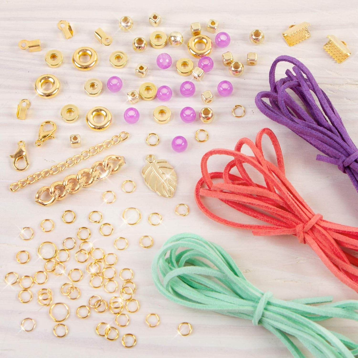 Kids jewelry making set 112 pieces with colorful beads, gold charms, and suede cords for creative crafting