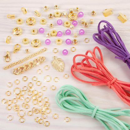 Kids jewelry making set 112 pieces with colorful beads, gold charms, and suede cords for creative crafting