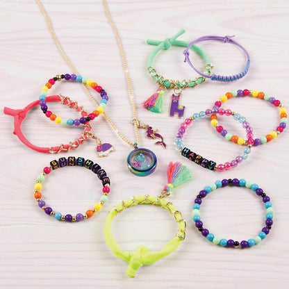 Colorful make your own jewelry set with beads, tassels, charms, and bracelets from T-Rex the toyland Sitamarhi