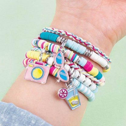 Colorful summer vibes bead bracelet kit with charms including camera, sunglasses, and drink on wrist