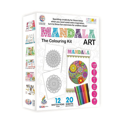 Mandala art coloring kit with 12 sketch pens and 20 sheets featuring intricate mandala designs